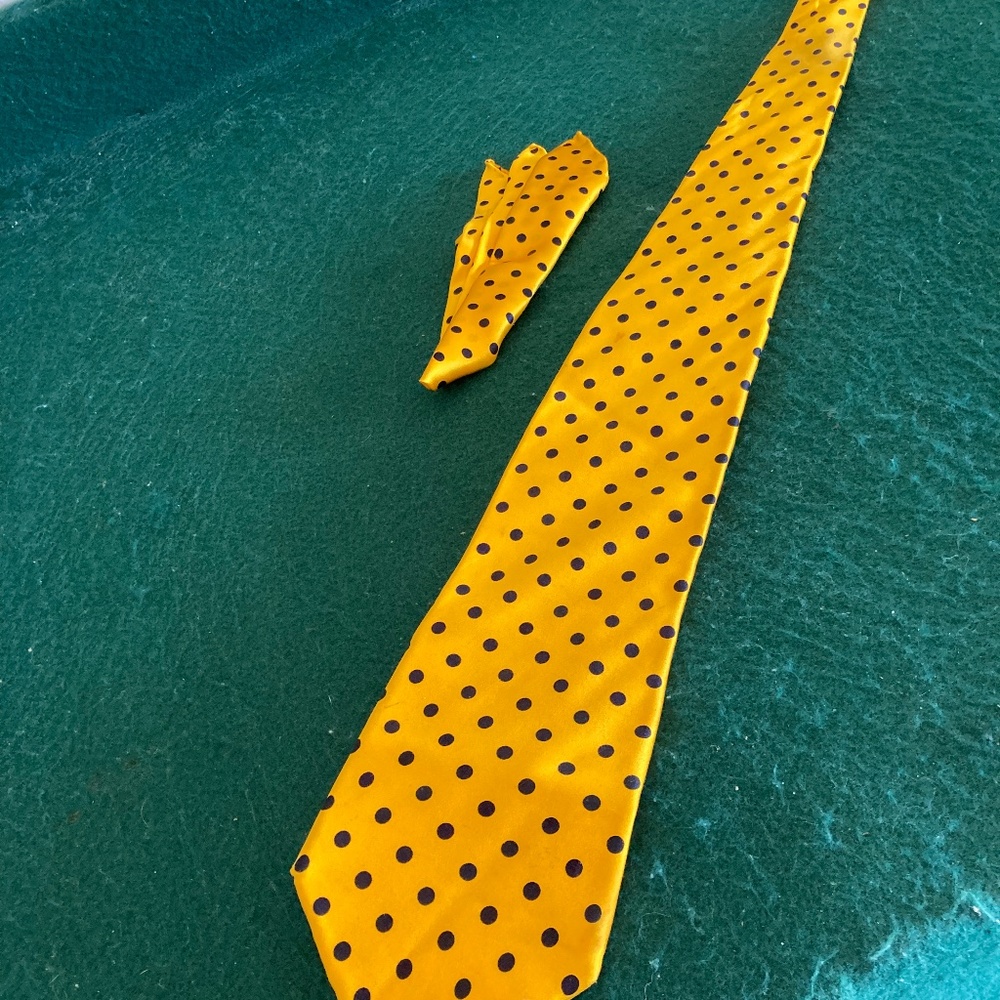Vintage Dolcepunta yellow with blue polka dot tie with pocket square